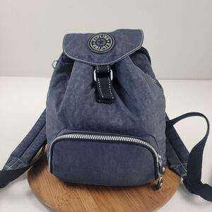 Kipling Drawstring Top Flap Backpack Blue Navy Lined Rucksack Hiking Outdoor Bag